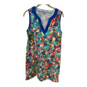 Lands’ End Women’s V-Neck Blue Multi Floral Cotton Dress w/ Pockets Size Medium